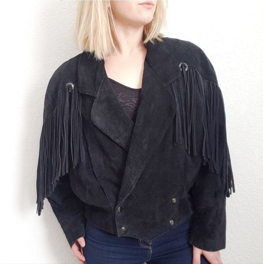 Vintage Rock Creek Fringe Black Suede Leather Moto Jacket Women's Large L EUC
